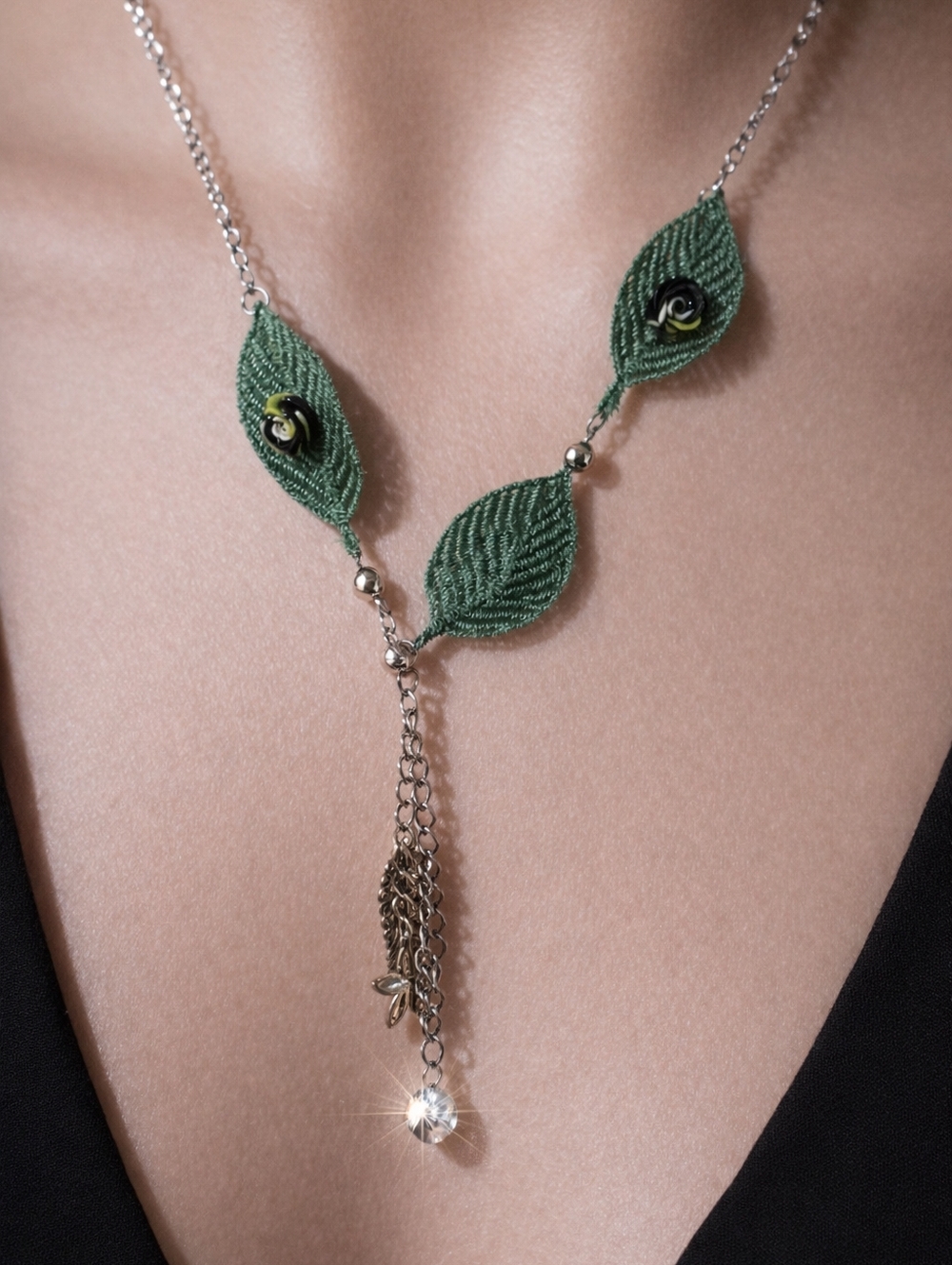 Women's Silver Tone Feather Green Leaf Flower Design Necklace, Matching Earrings